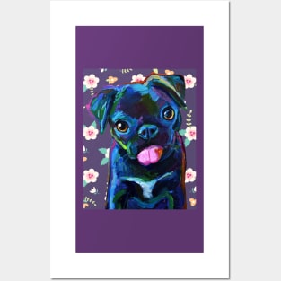 Cute BLACK PUG PUPPY with Vintage Flowers by Robert Phelps Posters and Art